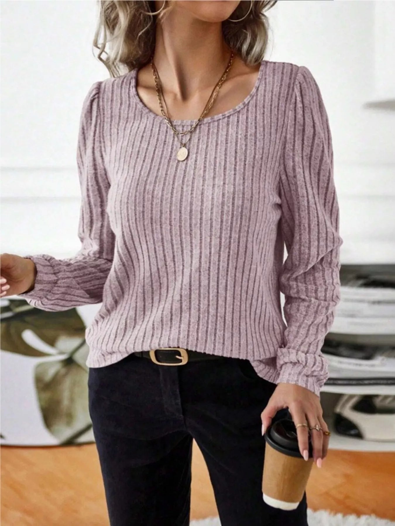Ribbed Knit Long Sleeve T-Shirt