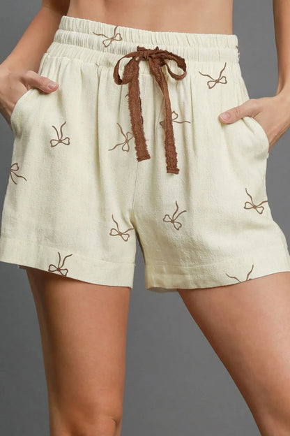 Bow Print Lace Drawstring Casual Shorts Cream