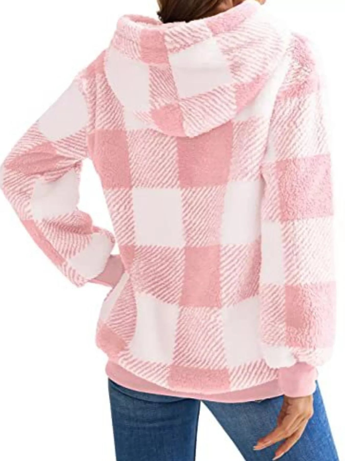 Full Size Plaid Sherpa Drawstring Hoodie Plus Size
