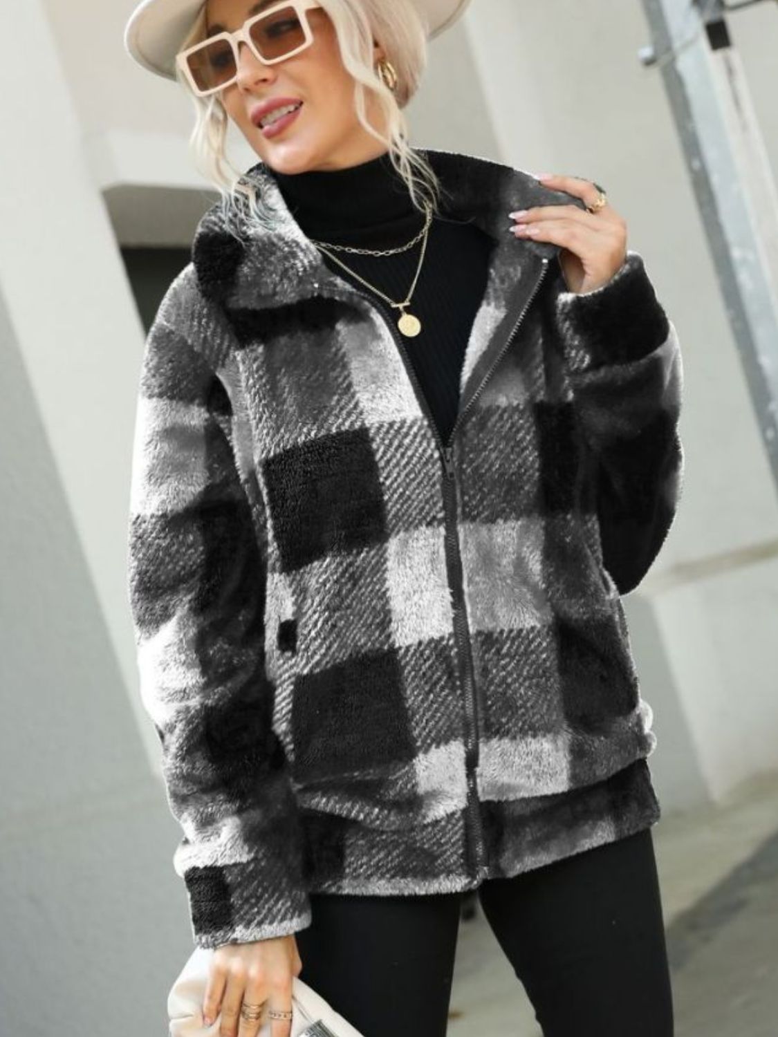 Plaid Zip-Up Collared Jacket White