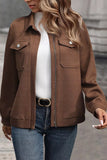 Solid Color Zip Up Button Flap Pocket Jackets Brown
