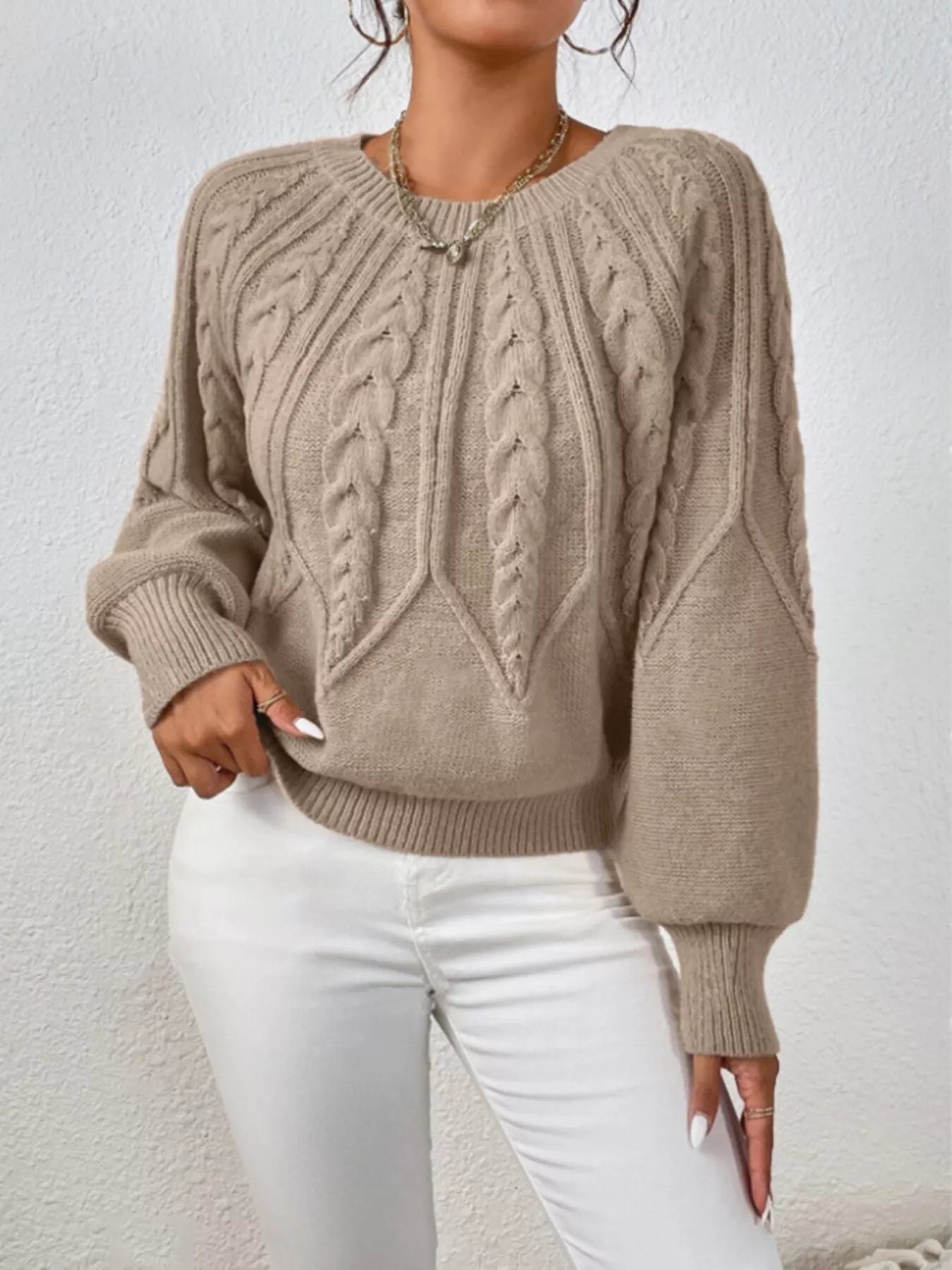 Cable Knit Long Sleeve Sweater Khaki