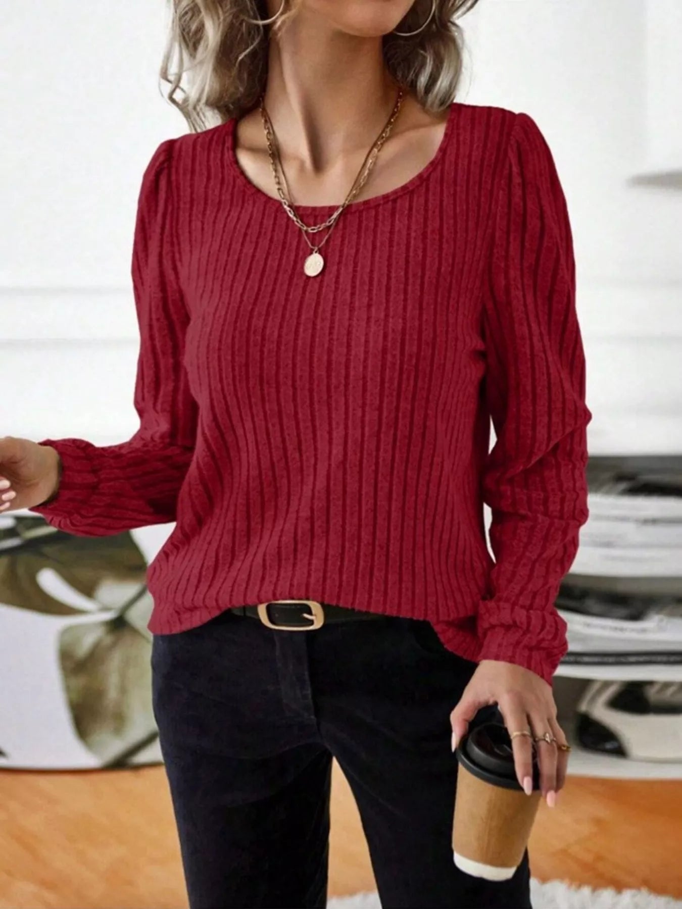 Ribbed Knit Long Sleeve T-Shirt