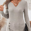 Ribbed Knit Notched Long Sleeve Top Khaki