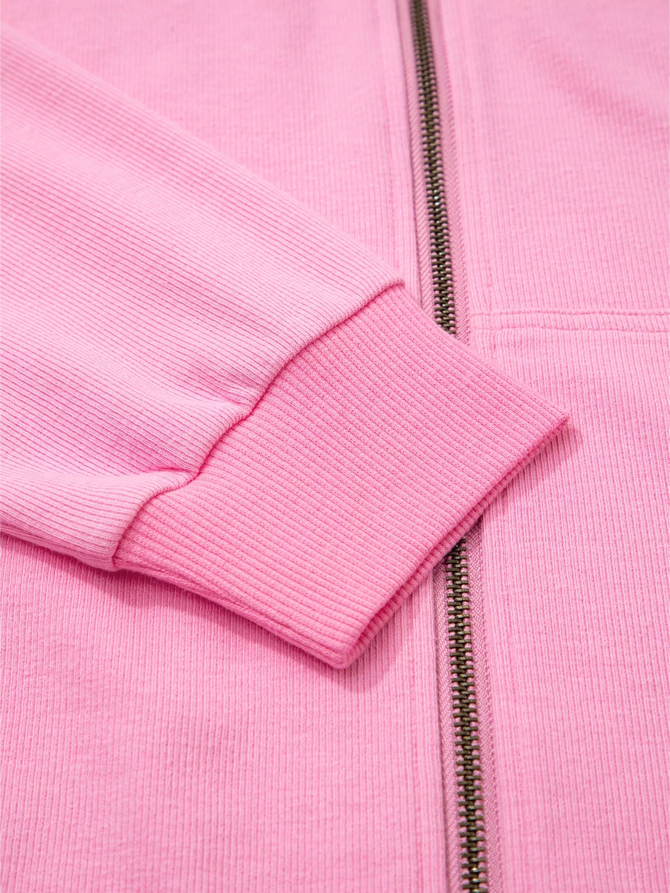 Solid Color Ribbed Zip Up Drawstring Hooded Jacket