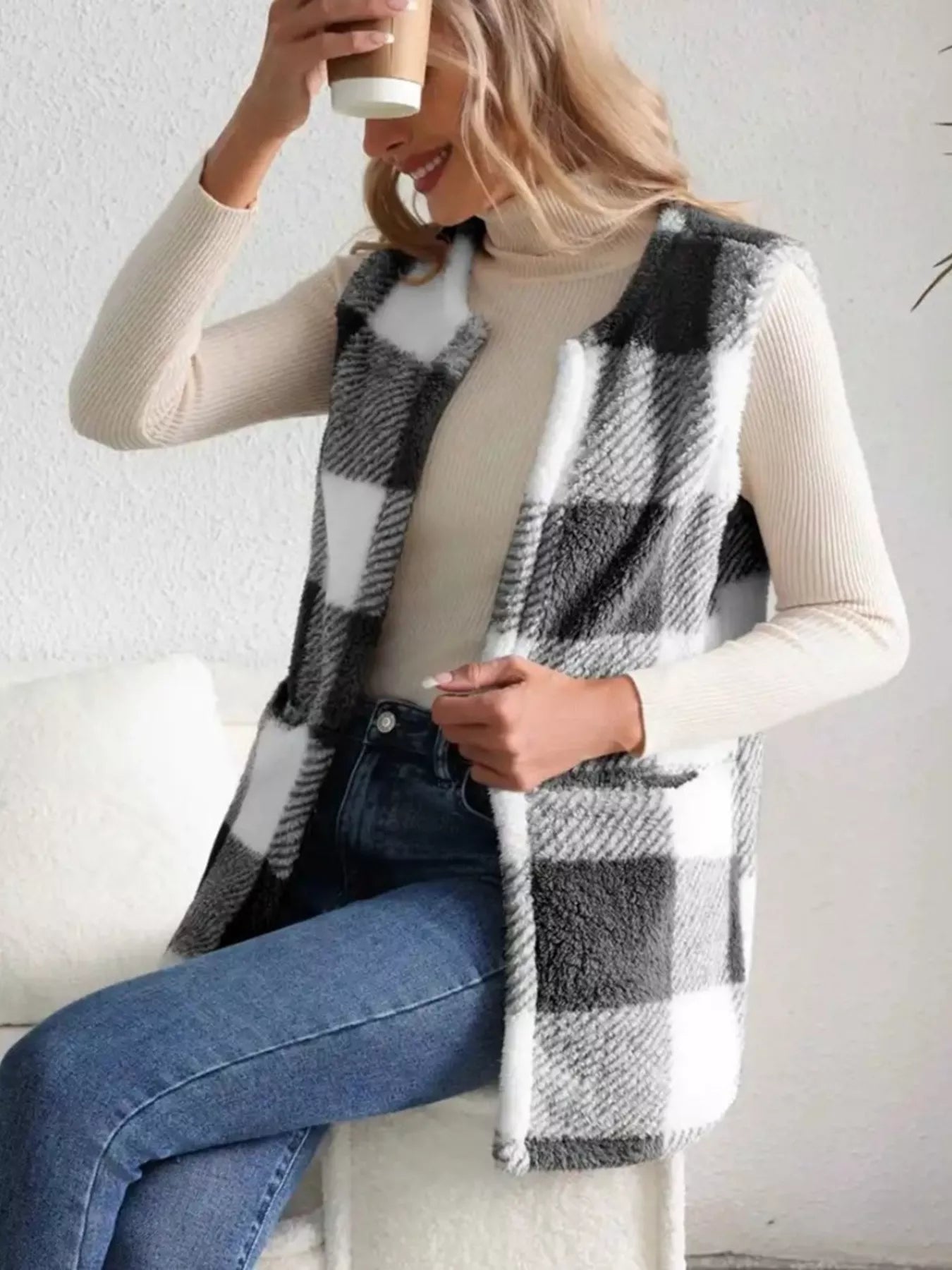 Cozy Plaid Sherpa Vest Coat